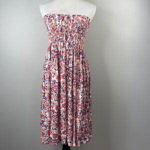 Kendall + Kylie Floral Smocked Strapless Midi Dress Pink Purple Large Rayon